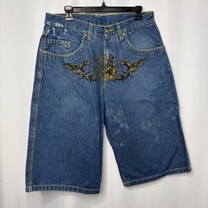Miskeen Mens Blue Denim Graphic Dragon Shorts Barbed Wire Baggy Jorts Size 34
